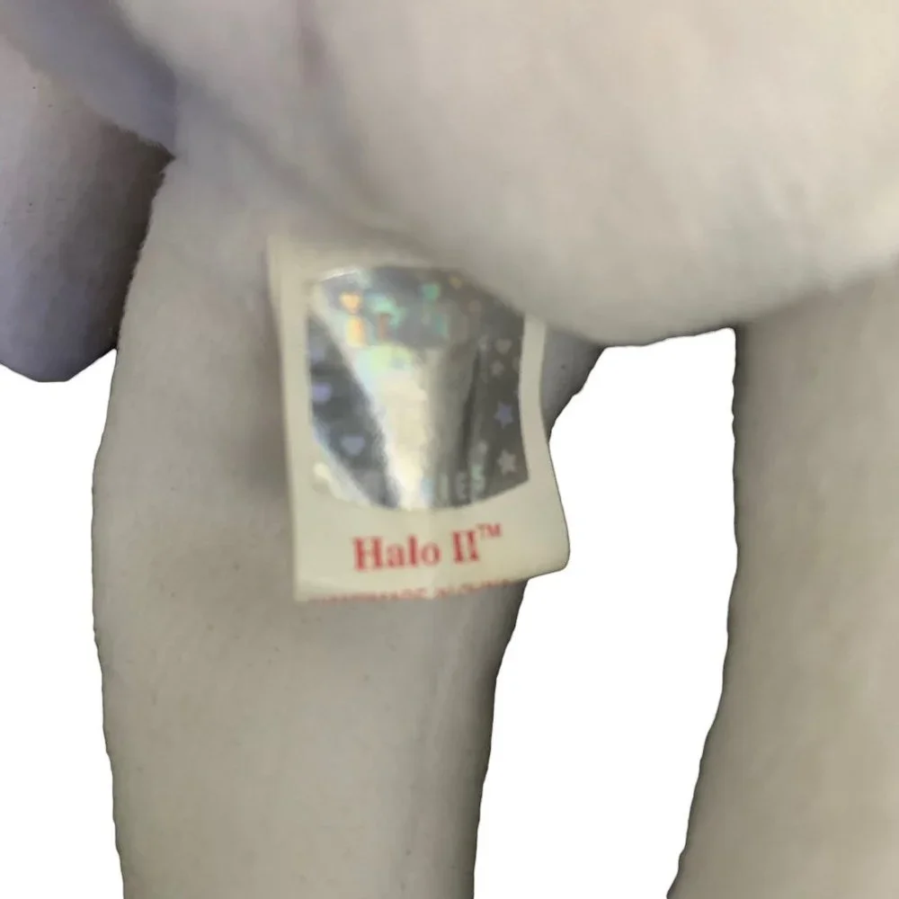 RARE HALO II Angel Bear TY Beanie White Gold Wings Brown Nose PE Pellets 2000 - Picture 7 of 7